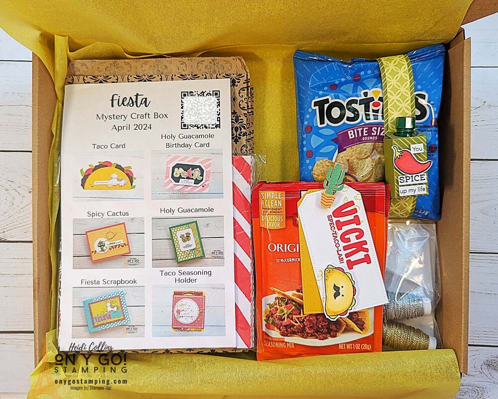 The Taco Fiesta Mystery Craft Box Reveal! Create fun handmade cards and gifts with the written tutorials for these projects.