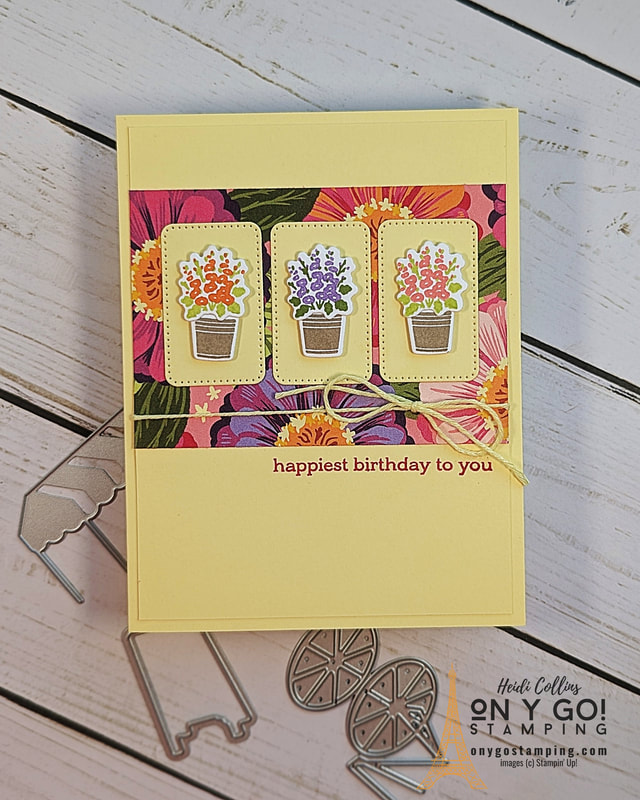 Bold, bright floral birthday card! This handmade card features the Flower Cart stamp set with the Flowering Zinnias patterned paper from Stampin' Up!®️ 