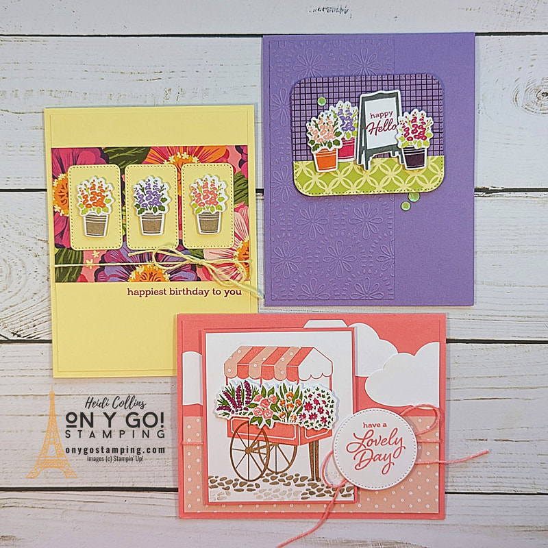 Create beautiful floral cards for spring with the Flower Cart stamp set and Flowering Zinnias patterned paper from Stampin' Up!®️ These handmade cards have bold, bright colors to bring a smile to your face.