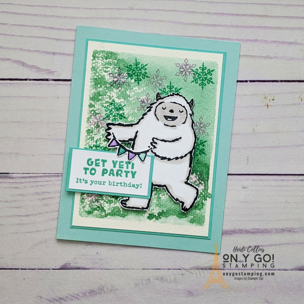 Fun handmade Yeti birthday card idea using the Yeti to Party stamp set from Stampin' Up!® and an easy watercolor technique.
