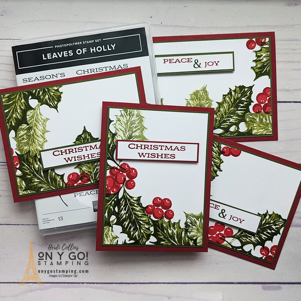 Use the four-square card technique to make quick and easy cards with just stamps, ink, and paper like these using the Leaves of Holly stamp set from Stampin' Up! Get the free downloadable quick reference guide.