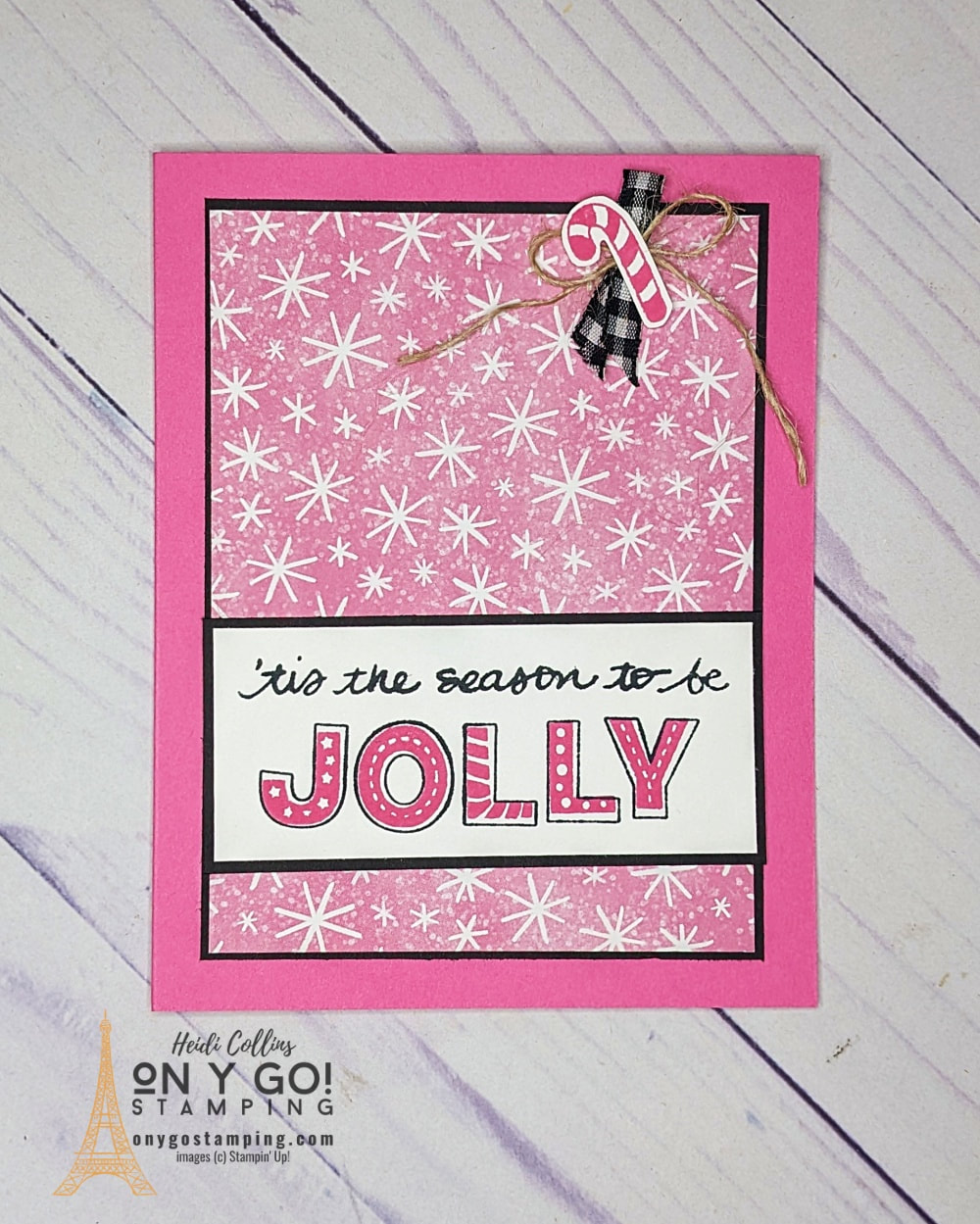Pink handmade Christmas card idea with the Celebrate Everything patterned paper and Jingle Jingle Jingle patterned paper from Stampin' Up!®
