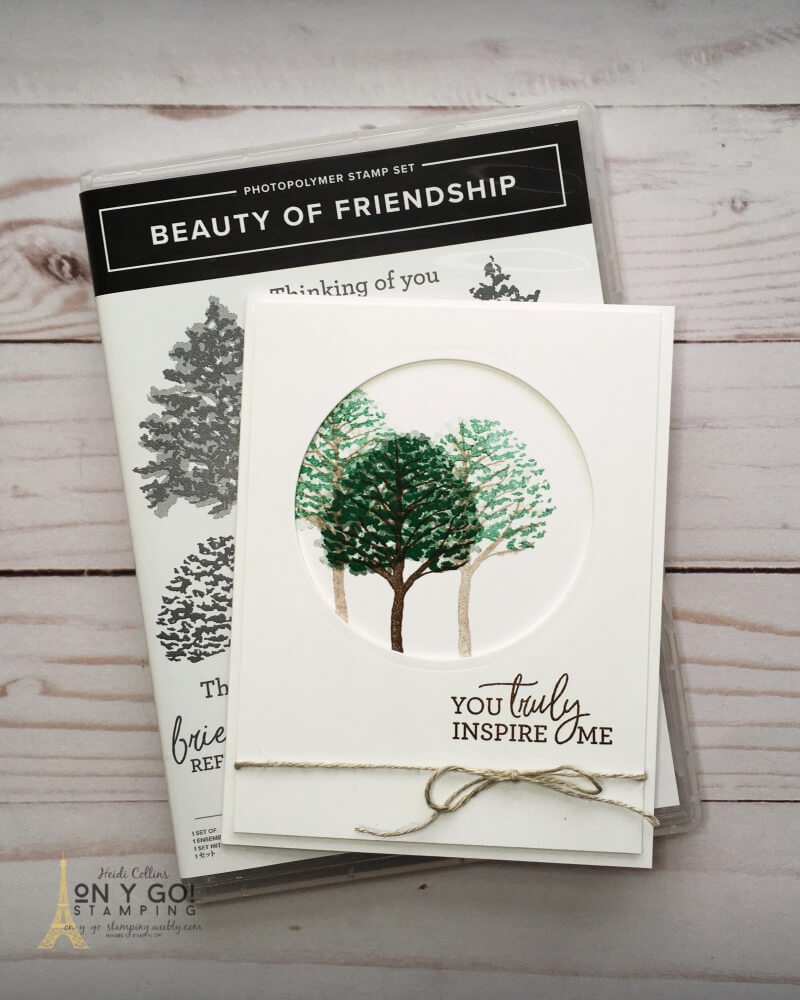 Simple faux window card idea using the Nature's Beauty stamp set from Stampin' Up! This beautiful card is beautiful to make with a faux window over a group of regal trees.