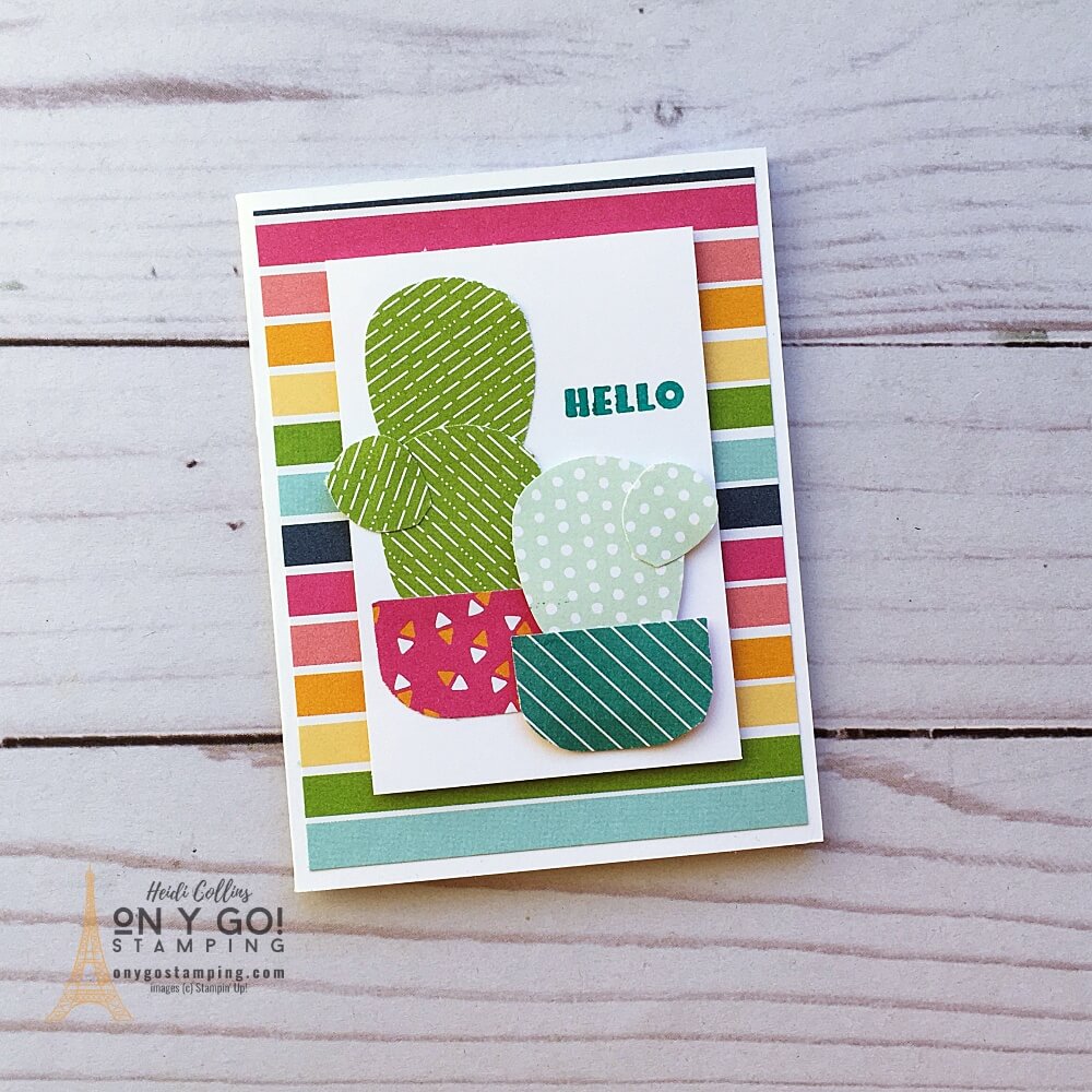 Use the Sunshine & Rainbows patterned paper (available FREE during Sale-A-Bration 2022) with the Cactus Cuties stamp set and Memories & More Cards & Envelopes from Stampin' Up! to create quick and easy handmade cards.