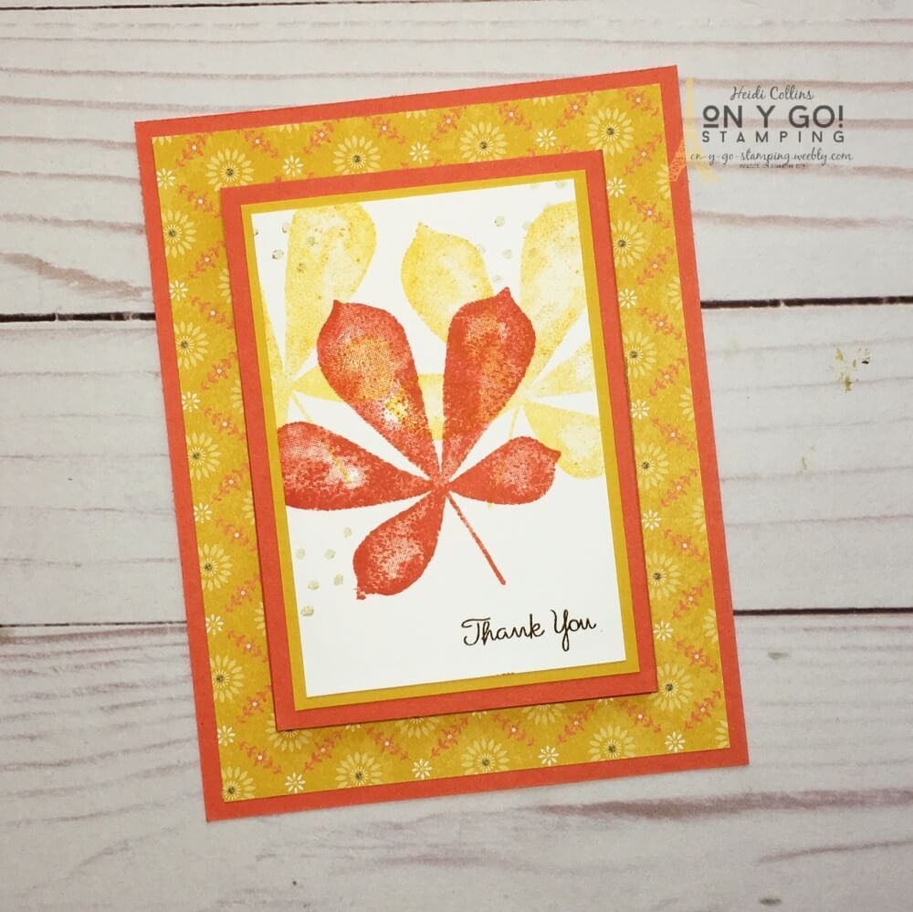 Easy to make handmade thank you card that has a spot for a gift card. See the supply lists and cutting dimensions to make this DIY gift card holder with the Love of Leaves stamp set and Harvest Meadow patterned paper from Stampin' Up!