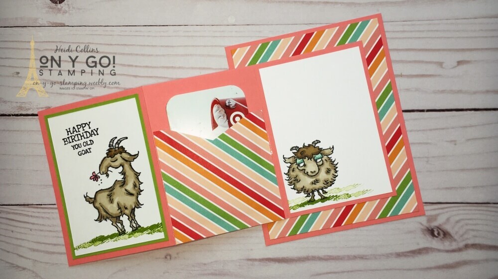 Want to give someone a special birthday gift card? This is the perfect DIY gift card holder. Make it yourself with the Way to Goat stamp set and Pattern Party scrapbooking paper from Stampin' Up!
