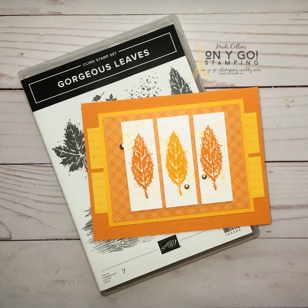 Create an easy handmade card for fall with a simple card sketch, rubber stamps, and patterned paper. This fun fall card design uses the Gorgeous Leaves stamp set from Stampin' Up! in Pumpkin Pie and Mango Melody.
