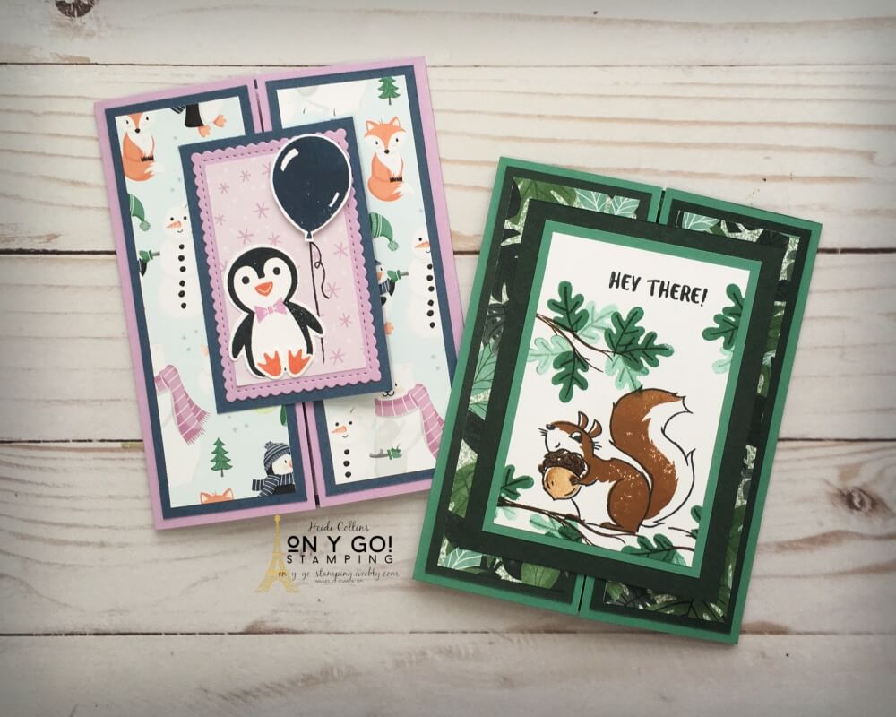 Create shutter cards with an easy to follow video tutorial. Sample cards use the NEW Penguin Place and Nuts About Squirrels stamp sets from Stampin' Up!'s August-December Mini Catalog.