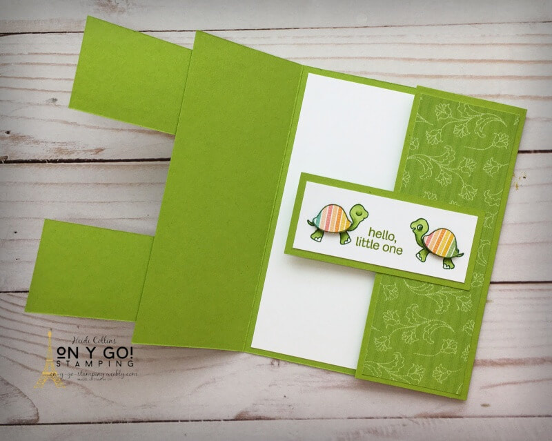Need a card to give at a baby shower? Want something that's different and will wow the mom-to-be? This fun fold card idea uses the adorable Turtle Friends stamp set from Stampin' Up! with the gorgeous and whimsical Pattern Party patterned paper.