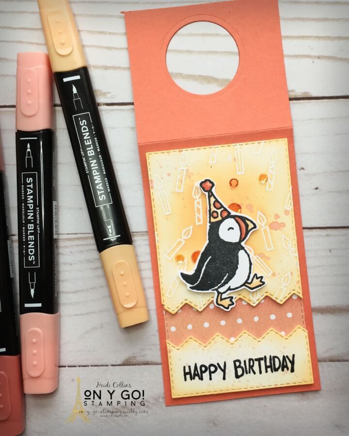 Want easy gift wrap for a bottle of wine? Slip this handmade wine tag over the top and it's an instant birthday gift! Made with the Party Puffins stamp set and a little ink blending.