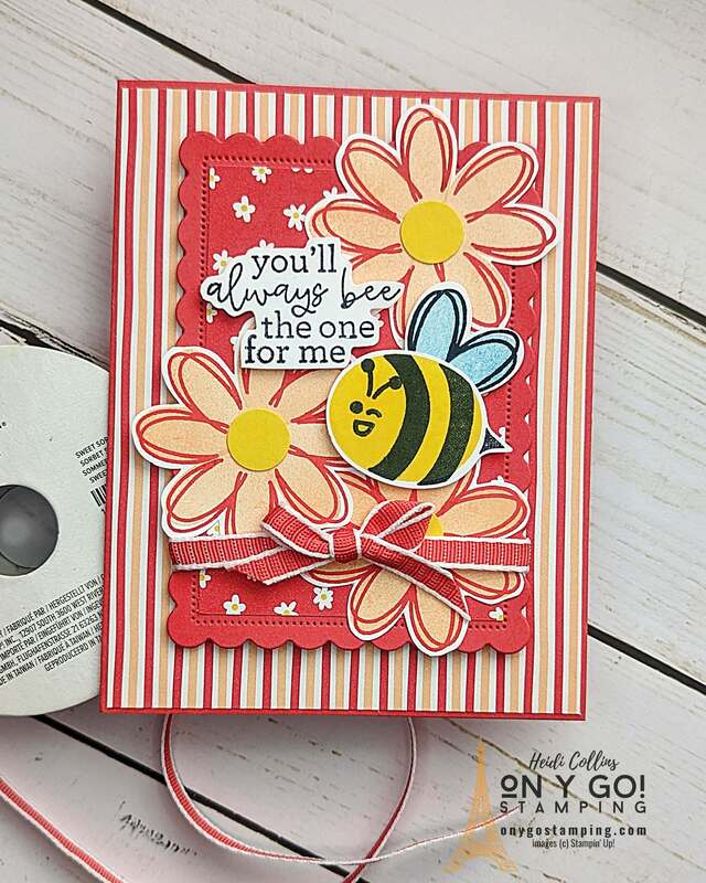 Fun floral card for Valentine's Day. I used the Bee My Valentine stamp set to create large daisy flowers on this handmade card. And of course I had to add an adorable bee!