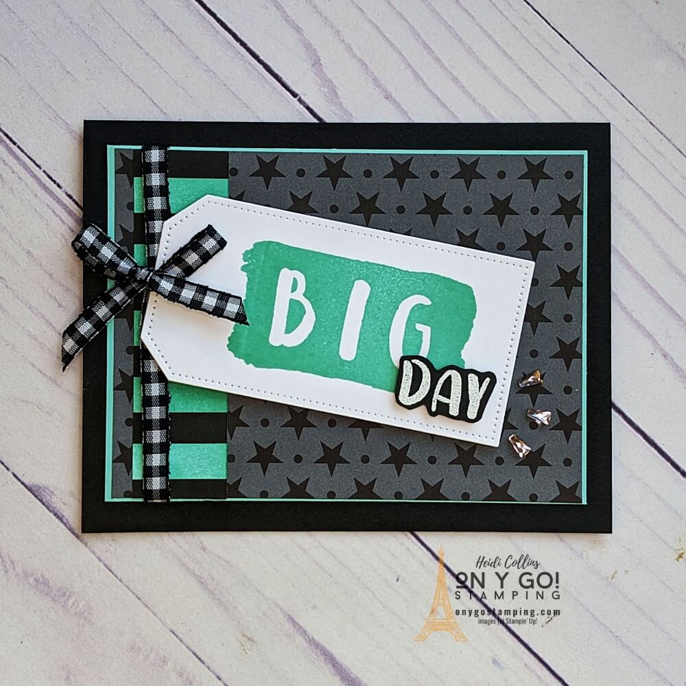 Use the Big Hooray stamp set from Stampin' Up!® and the Black & White Designs patterned paper to create a handmade card to celebrate anyone's big day - birthday, new baby, promotion, or something else!