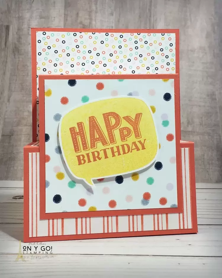 Birthday card idea featuring a box fun fold card design. Sample uses the You Are Amazing stamp set with the Playing with Patterns patterned paper.
