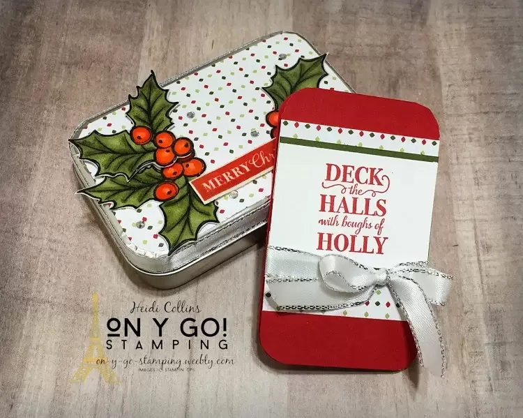 Decorated tin that is a fabulous gift card holder and a fold-out photo Christmas card that tucks inside the tin.