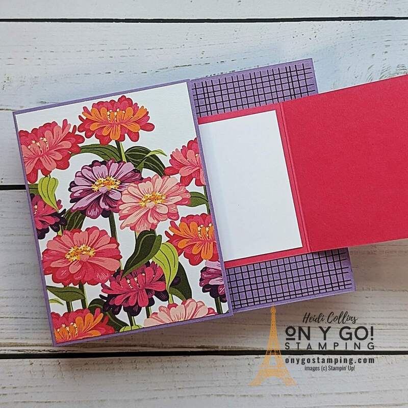 Show off the beautiful Flowering Zinnias patterned paper with this fun fold card design.