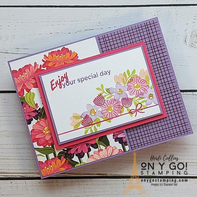 Handmade birthday card with a fun fold design! This fun fold card uses the Flowering Zinnias patterned paper and the Cake Fancy stamp set.