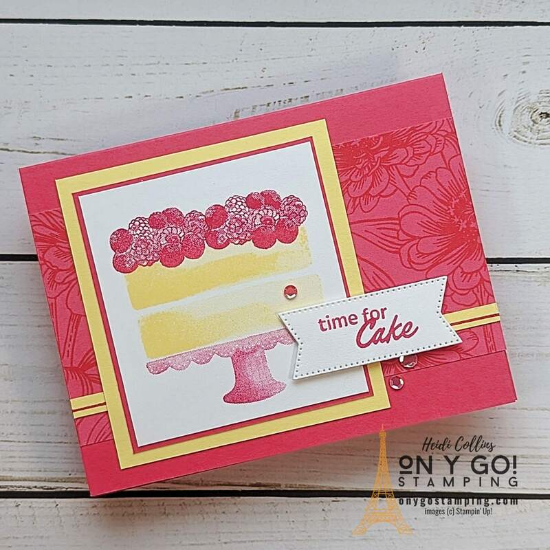 Handmade birthday card using the Cake Fancy stamp set and the Flowering Zinnias patterned paper. Or use this card for any celebration!