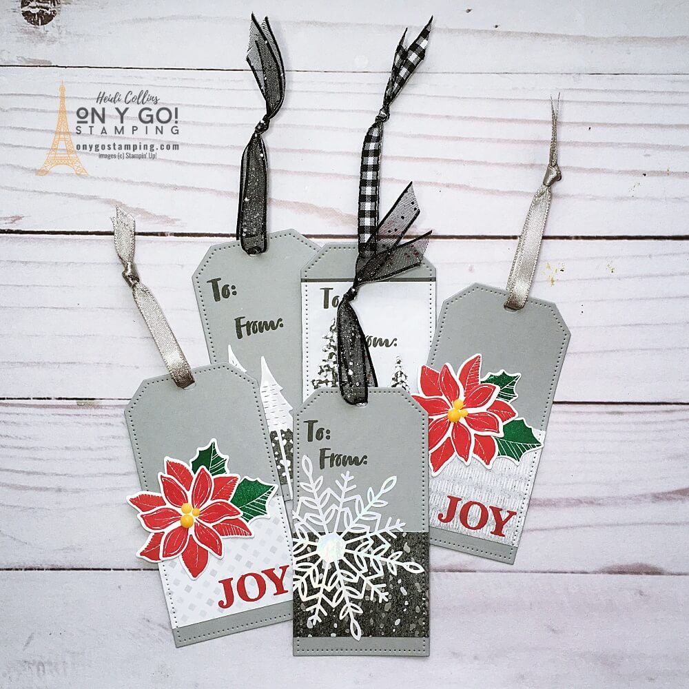 Create your own gift tags with scraps of patterned paper like the Peaceful Place Designer Series Paper from Stampin' Up!