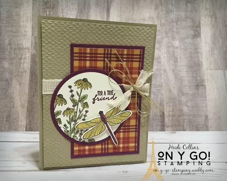 Simple card design idea using the *NEW* Dragonfly Garden stamp set and the *RETIRING* Plaid Tidings patterned paper. This paper works so well with so many stamps and designs. Be sure to get some before it is discontinued on January 4.