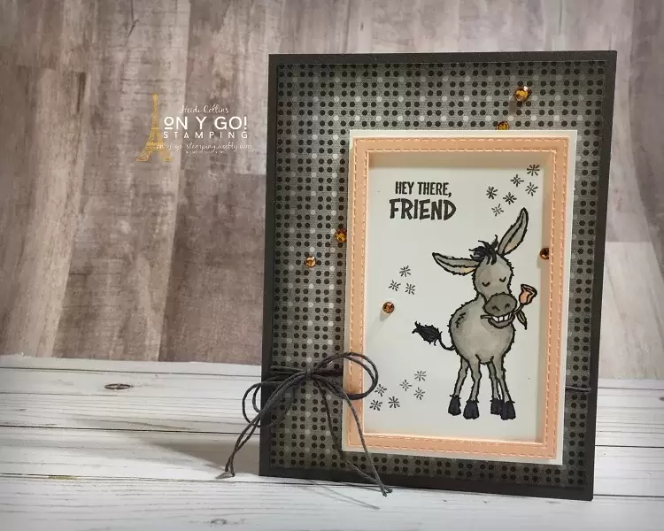 Darling Donkeys card idea in gray and pink with the Well Suited patterned paper from Stampin' Up!