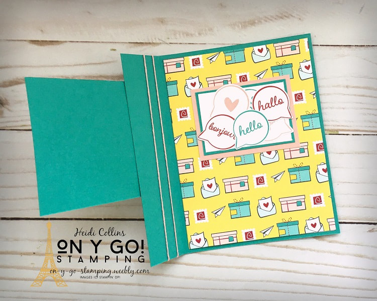 Double front fun fold card using the Snail Mail patterned paper from Stampin' Up! This fun paper is available from the 2021 January-June Mini Catalog.