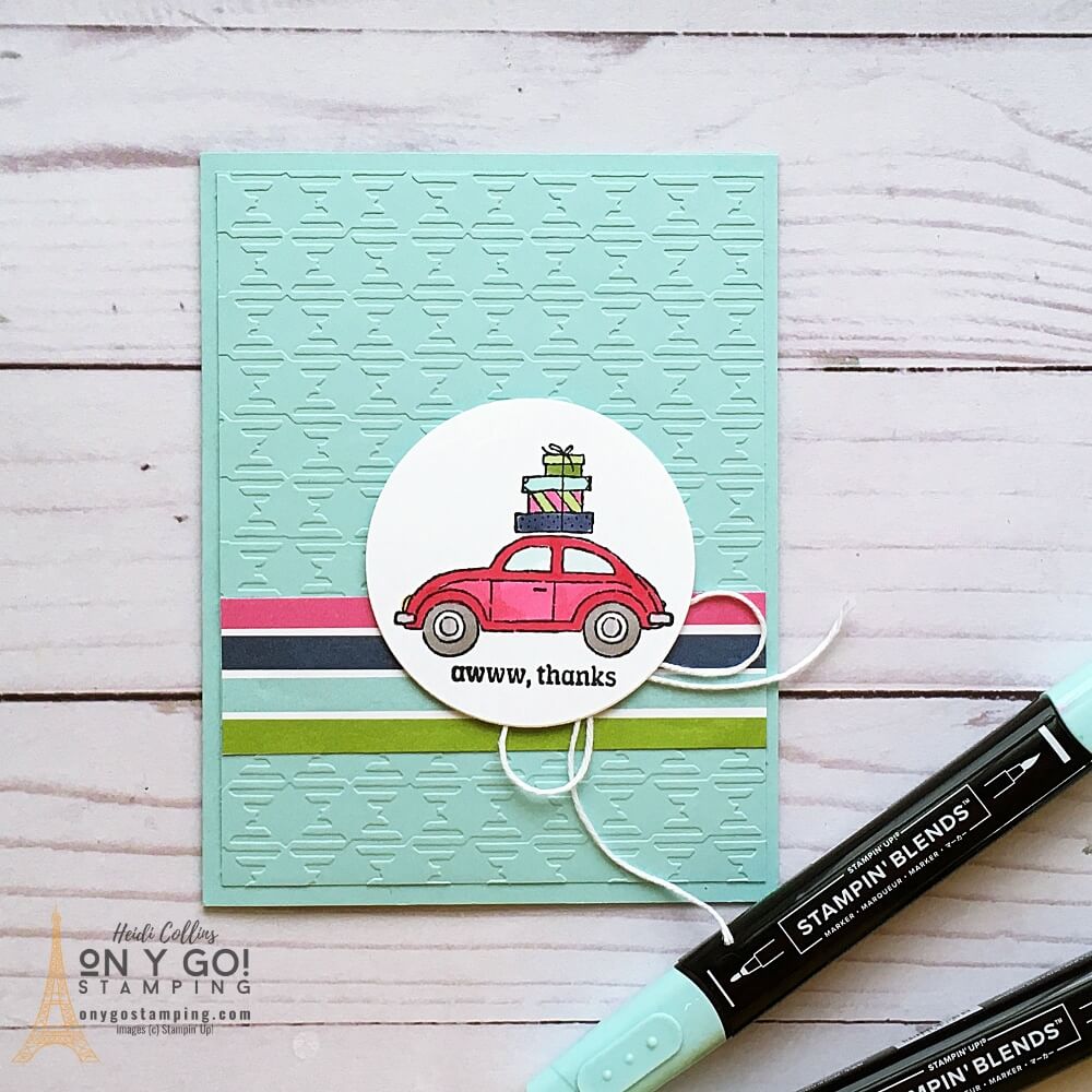 Thank you card idea with the Driving By stamps set and Sunshine & Rainbows patterned paper. Get these stamps FREE with a $50 order during Sale-A-Bration 2022.