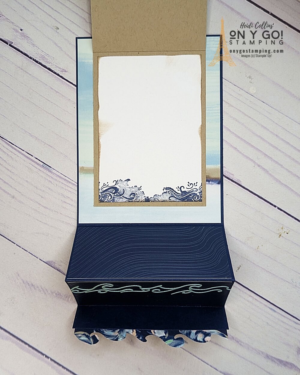 If you're looking to make a truly special, handmade card that's both masculine and ocean themed, then this is the card for you! Using the stunning On the Ocean stamp set, paired with the By the Bay patterned paper, you'll be able to craft a stunning card that will have everyone oohing and aahing! This fun fold card is sure to be the cherry on top of any special occasion!