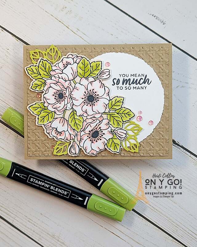 Handmade thank you card with the Enduring Beauty stamp set from Stampin' Up!®️ While you can use the coordinating stencils with these stamps, you can also color the flower with the Stampin' Blends alcohol markers.