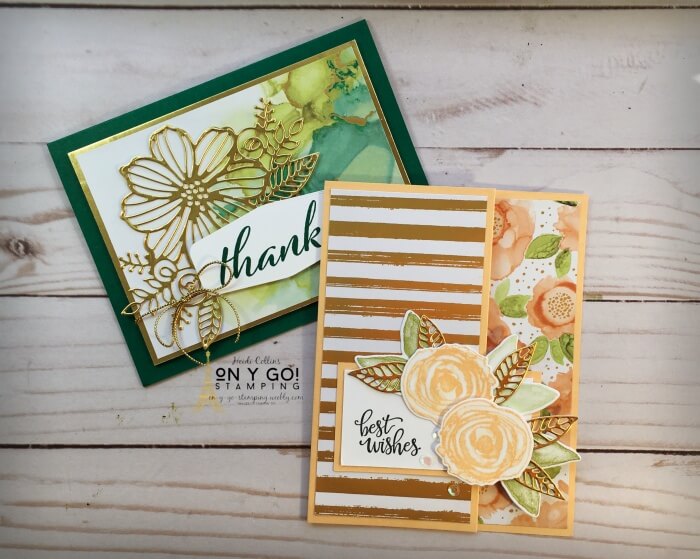 Elegant handmade cards using the Expressions in Ink patterned paper and the Artistically Inked stamp set from Stampin' Up! This beautiful patterned paper has gorgeous gold accents.