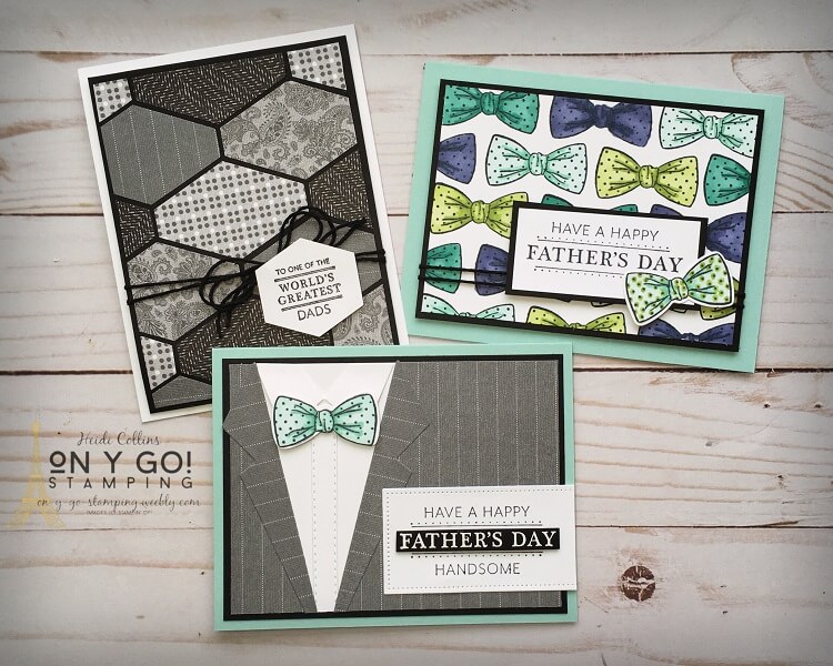 Handmade Card Ideas for Father's Day. Show dad how much you love him with these masculine card ideas using the Handsomely Suited stamp set and dies and the Well Suited patterned paper from Stampin' Up!