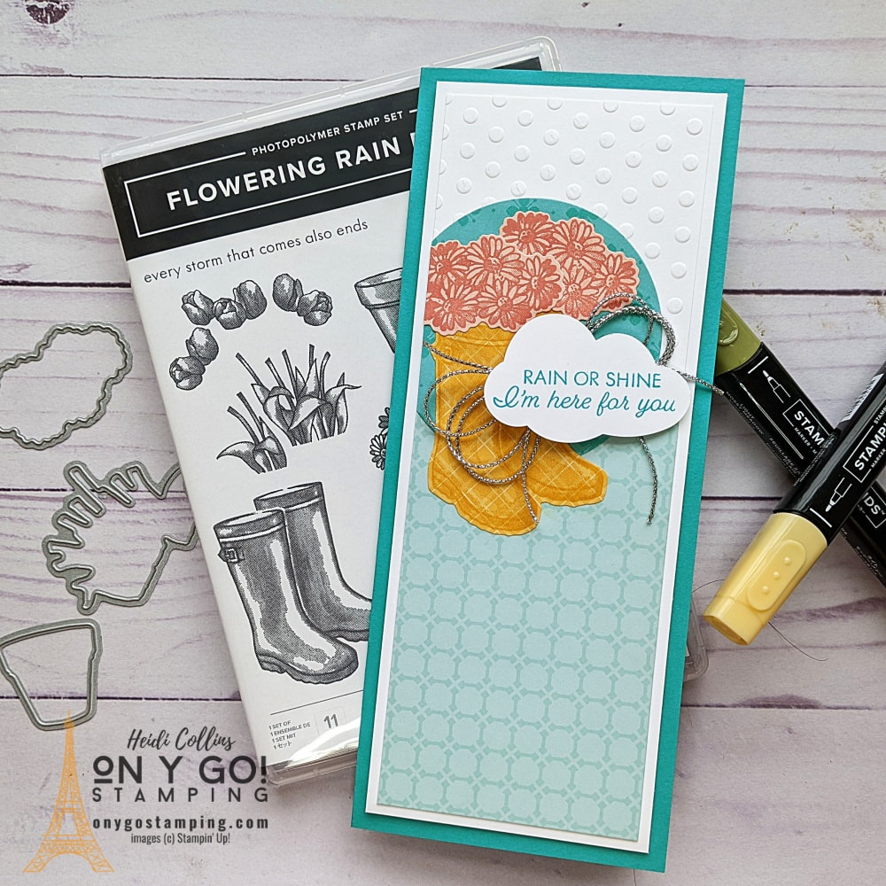 Make a slim line card for spring with the Flowering Rain Boots stamp set from Stampin' Up! This card has lots of texture, layers, and patterned paper. Uses the paper piecing technique.