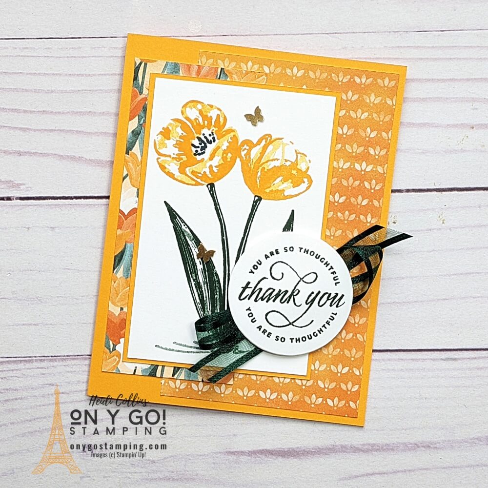 Beautiful floral thank you card with the Flowering Tulips stamp set from Stampin' Up! See how to make this beautiful card and others!