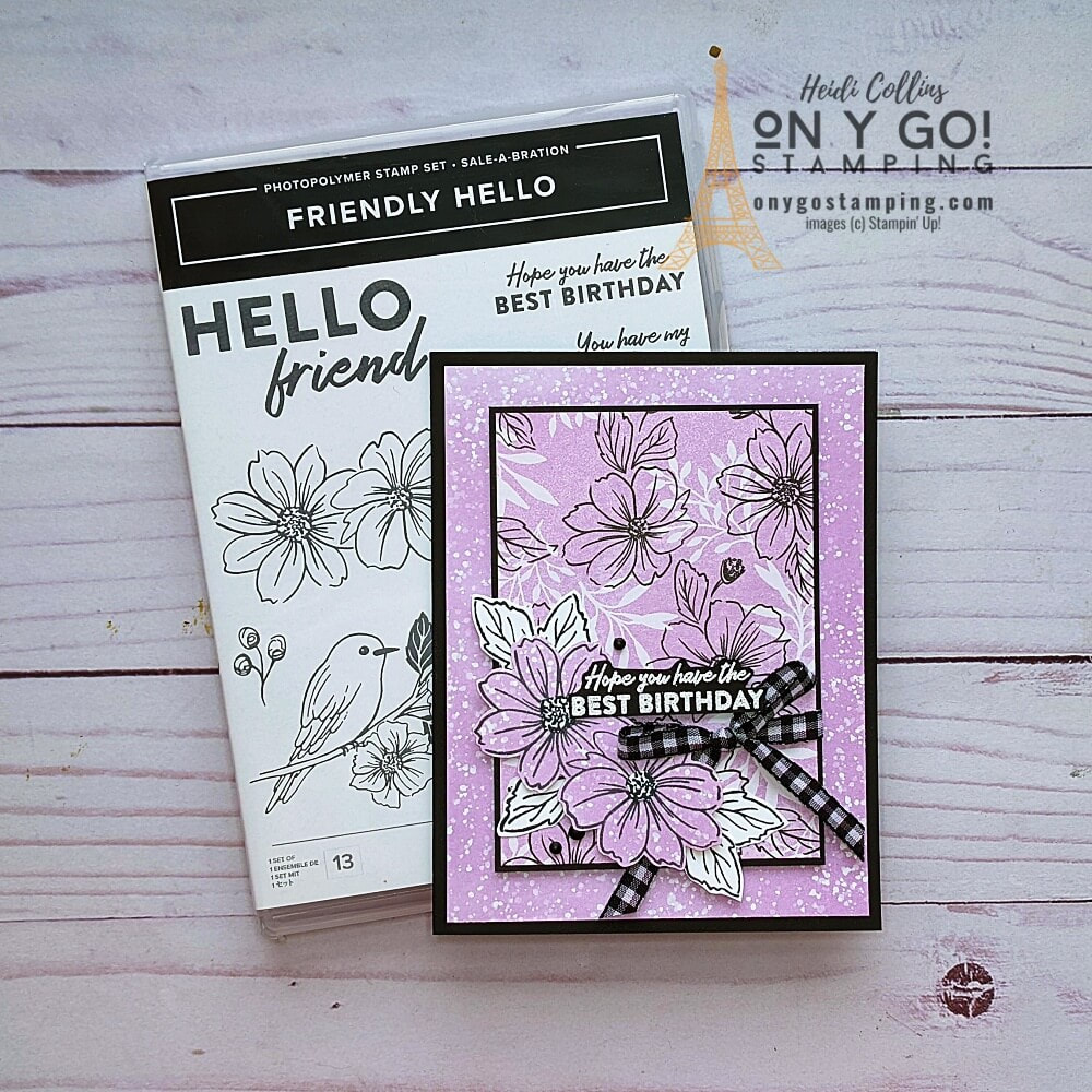 Birthday card idea using the Friendly Hello stamp set and patterned paper. See all the cutting dimensions and supply list to create this monochromatic card.