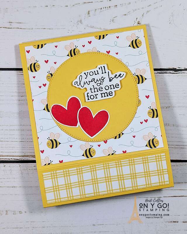 Handmade Valentine's Day card with a fun fold. This shadowbox card uses the Bee My Valentine stamp set from Stampin' Up!®️ with the Bee Mine patterned paper.