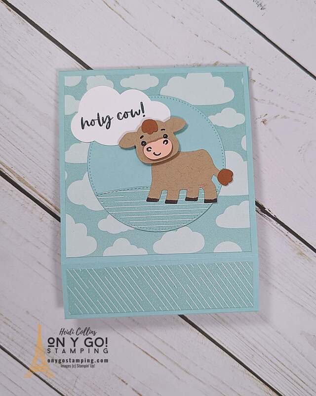 Front of a fun fold shadowbox card using the Cutest Cows stamp set and Sunny Days patterned paper from Stampin' Up!®️ See the inside of this birthday card and the step-by-step video tutorial.