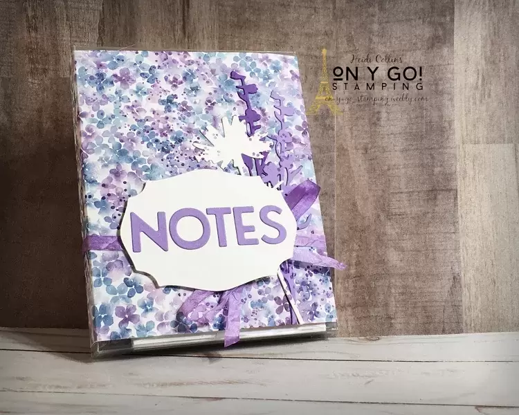 Gift box idea for a set of note cards using the Hydrangea Hill patterned paper and the NEW Meadow dies from Stampin' Up!