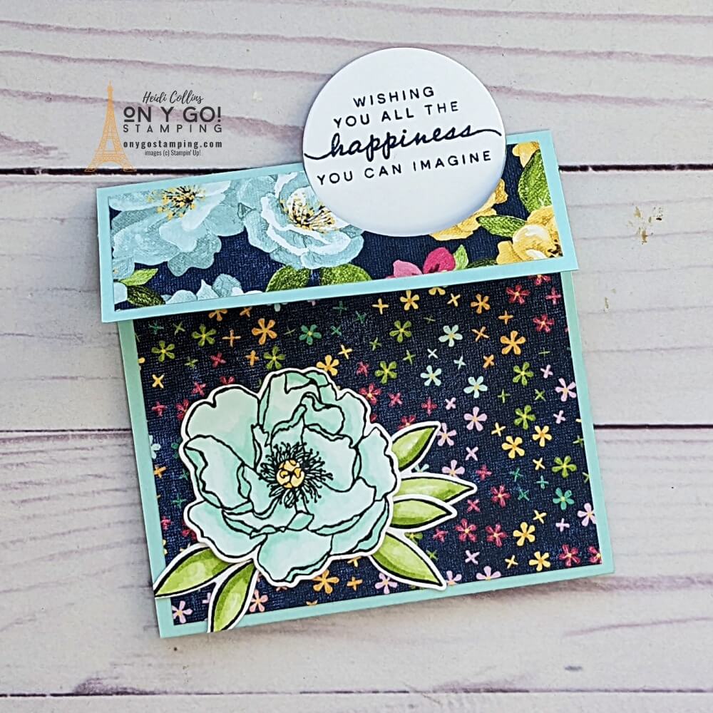 Create a unique gift card holder and fun fold card with the Happiness Abounds stamp set and Hues of Happiness patterned paper from Stampin' Up! Get all the dimensions and supply list here.