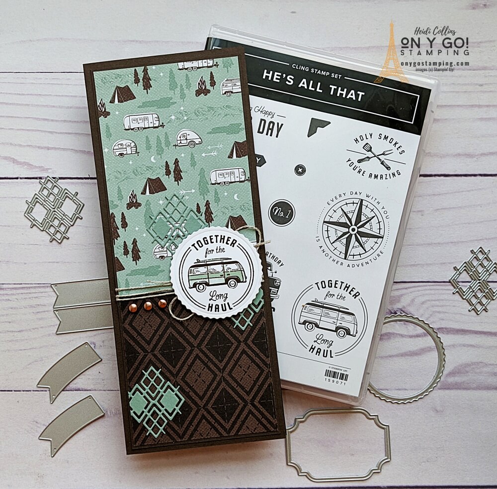 Slim line anniversary card idea for a guy using the He's the Man suite from Stampin' Up! including the He's All That stamp set, dies, and coordinating patterned paper.