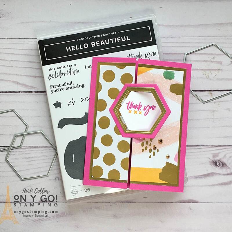 Thank you card idea with a locking gate fold. This fun fold card is easy to make with the Abstract Beauty patterned paper and Hello Beautiful stamp set from Stampin' Up!®