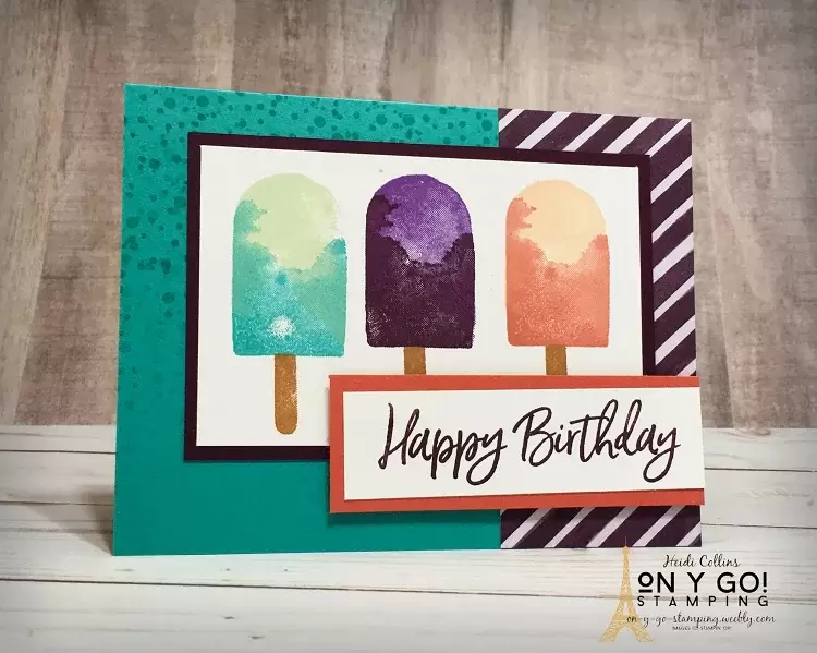 Simple birthday card idea using the Sweet Ice Cream stamp set and Ice Cream Corner patterned paper from Stampin' Up! available in the 2021 January-June Mini Catalog. This card uses only stamps, ink, and paper!