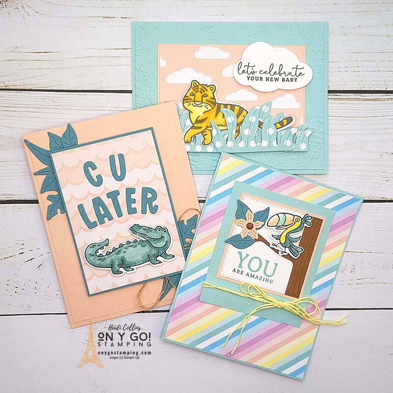 Create cute cards for kids with the Jungle Pals stamp set, coordinating Jungle Pals dies, and the Lighter Than Air DSP. The stamps and dies are available for you to earn free during Sale-A-Bration 2024. The beautiful rainbow patterned paper will be available in the 2024 January-April Mini Catalog from Stampin' Up!®️