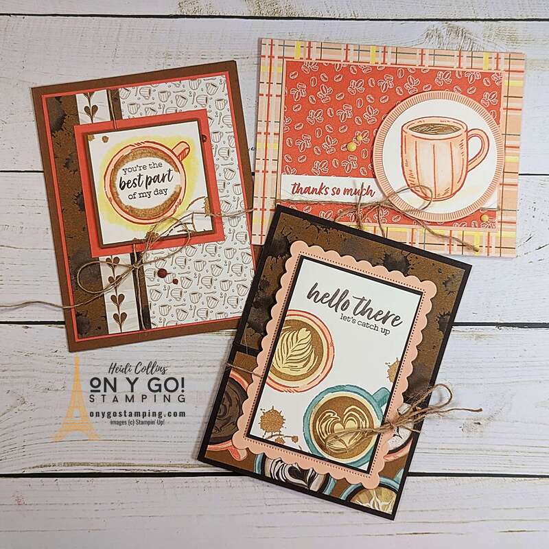 Create three coffee-themed cards using the Latte Love stamp set with the A Little Latte patterned paper from Stampin' Up!®️ See the video tutorial for these handmade cards.