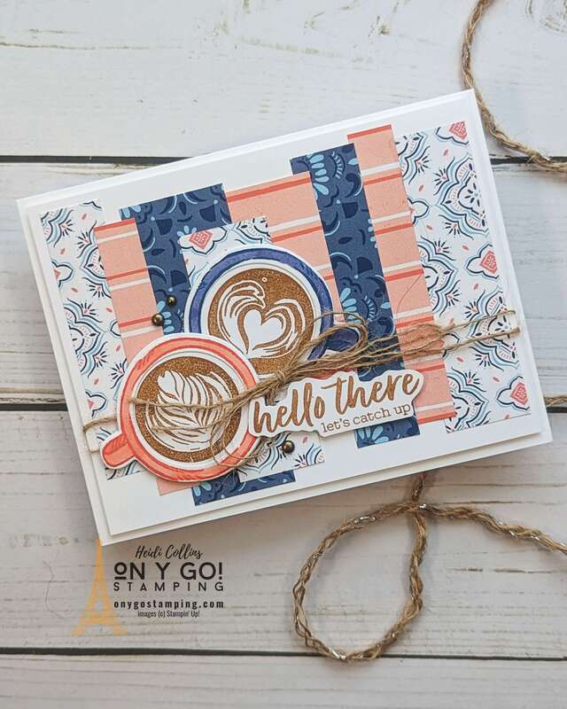 Need to catch up with a friend? Let them know you're thinking of them with a coffee-themed handmade card using the Latte Love stamp set and Les Shoppes patterned paper.