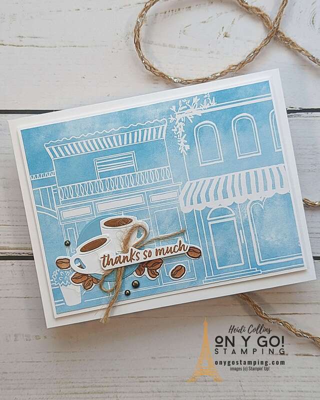 Handmade thank you card with a coffee theme using the Latte Love stamp set and Les Shoppes patterned paper from Stampin' Up!®️ 