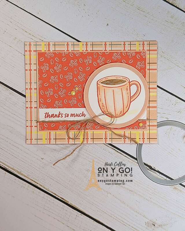 Create a coffee-themed thank you card with the Latte Love stamp set and A Little Latte patterned paper from Stampin' Up!®️ 