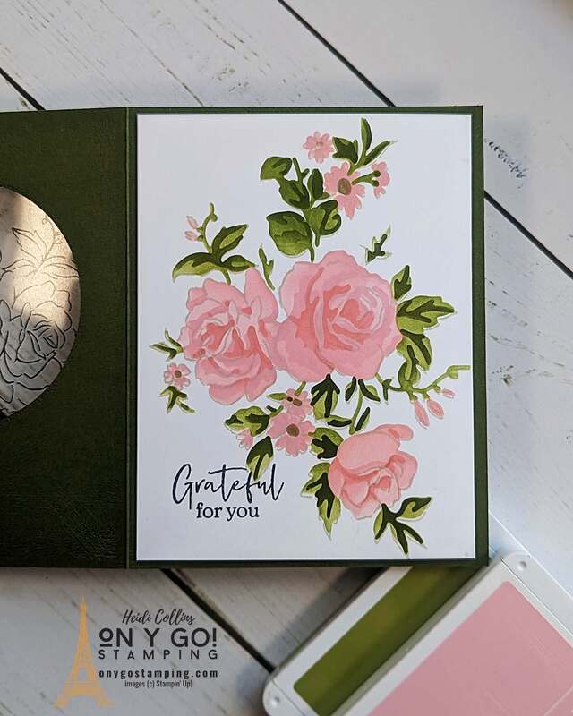 Inside of a magic window fun fold card using the Layers of Beauty stamp set and stencils from Stampin' Up!®️ 