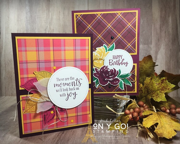 Card making ideas with the Plaid Tidings patterned paper and the Rooted in Nature and All Things Fabulous stamp sets from Stampin' Up! These easy card making ideas use a card sketch as a base.