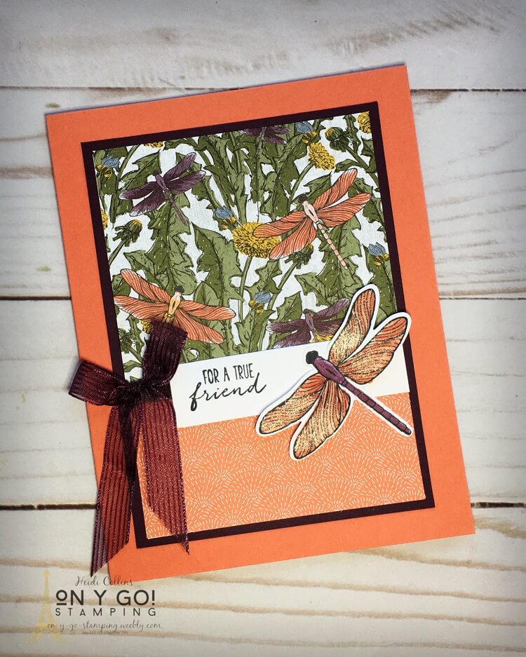 Quick and easy card making idea using the Dandy Garden patterned paper with the Dragonfly Garden stamp set and coordinating punch. Scrapbooking paper makes this card a snap to put together!