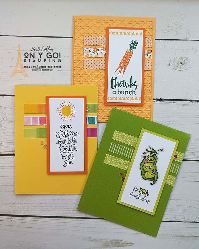 Handmade cards are easy to make when you use a card sketch! See sample card designs using the NEW Sweet Peas, Market Goodness, and Happiest Day stamp sets from Stampin' Up!®️ 