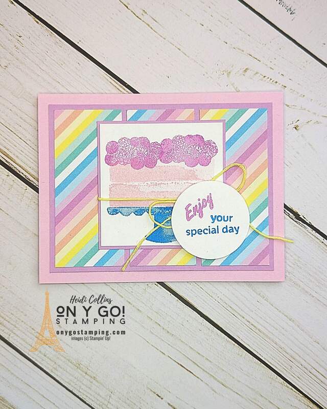 Create a sweet handmade birthday card with the Cake Fancy stamp set and Lighter Than Air patterned paper from Stampin' Up!®️ This card was made from a simple card sketch!